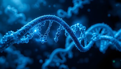 Glowing DNA strand design on a dark and blue abstract background