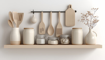 Minimalist Scandinavian Kitchen Shelf with Wooden Utensils and Ceramic Containers in Cozy Home Interior Still Life

