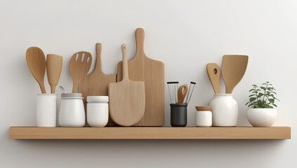 Minimalist Scandinavian Kitchen Shelf with Wooden Utensils and Ceramic Containers in Cozy Home Interior Still Life

