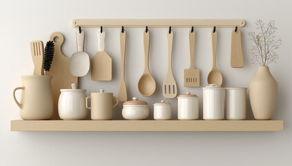 Minimalist Scandinavian Kitchen Shelf with Wooden Utensils and Ceramic Containers in Cozy Home Interior Still Life

