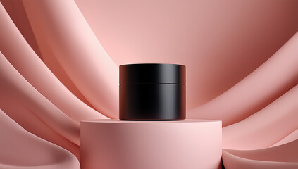 Luxury Black Cosmetic Jar on Soft Pink Silk Fabric in Elegant Skincare Product Still Life Photography

