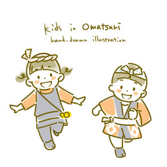 お祭りを楽しむ子供たち　シンプルでかわいい線画イラスト