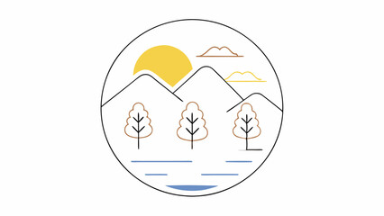 Minimalist Landscape Illustration Mountains, Trees, and Lake