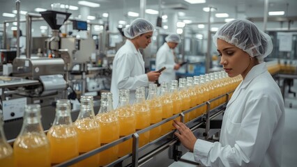 Industrial orange juice production process at modern factories, featuring automated machinery, fresh citrus fruits, conveyor belts, extraction, bottling, packaging, and mass beverage manufacturing