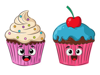 Cupcakes. Two cartoon funny cupcakes. Multicolored cupcakes with cream and cherry. Dessert. Baked goods
