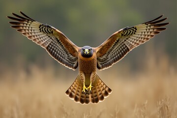 Obraz premium Falcon diving mid-hunt toward unseen prey. 