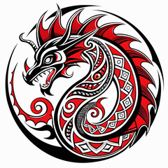 Red tribal dragon tattoo design illustration with floral elements