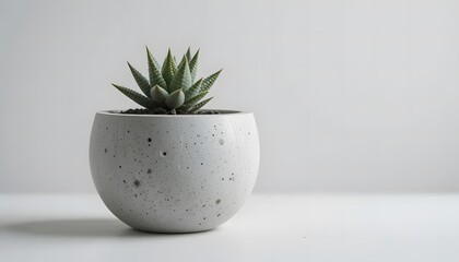 Macro image of a modern concrete planter with a small succulent, white background, clean aesthetic