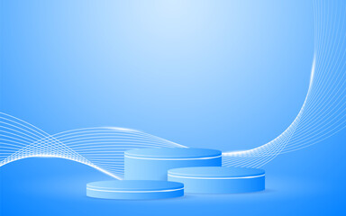 Multi-layered blue podium with elegant white wave lines on the back for product presentation. Display of cosmetic products. Stage or podium. vector illustration	