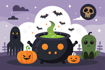 A whimsical Halloween scene featuring a cauldron bubbling with a green potion, surrounded by cute cartoon ghosts, pumpkins with jack-o'-lantern faces, and bats.
