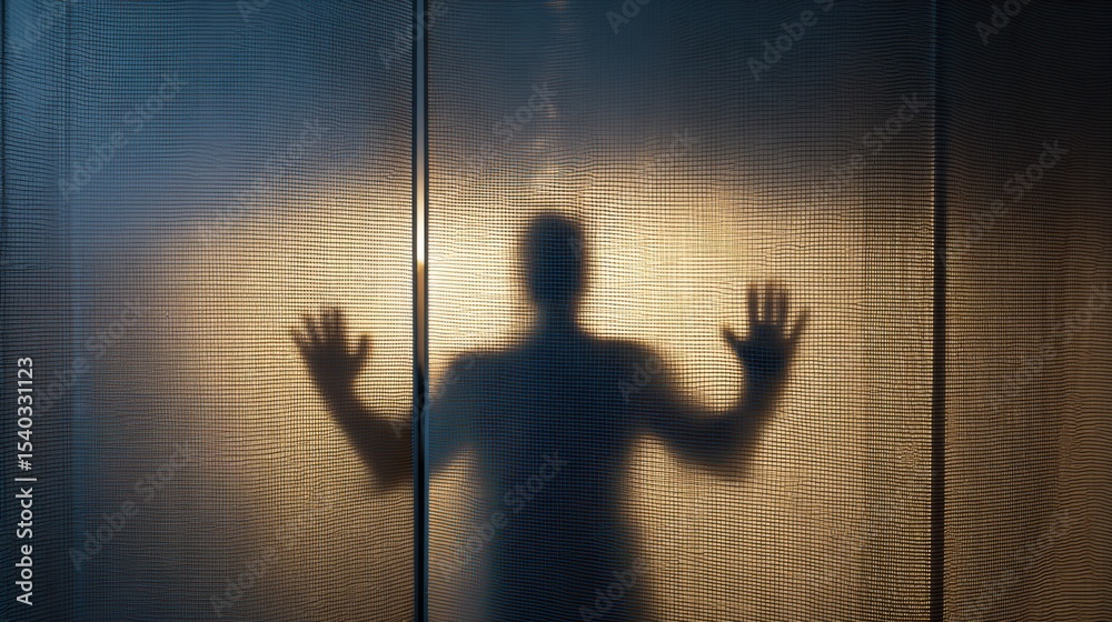 Aufkleber Shadow Figure Presses Against Translucent Screen, Creating a Striking Contrast of Light and Form in a Dimly Lit Space