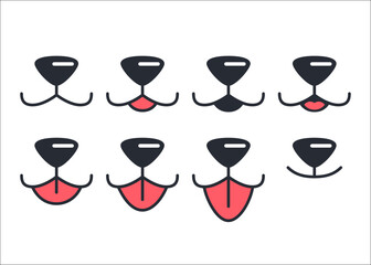 Vector Dog Face Design Elements, Different Emotions. Dog Mouth, Tongue, Nose Isolated. Dog or Cat Face with Closed and Opened Mouth Icons Closeup Set, Collection for Vet Logo, Emblem, Pet Care, Canine