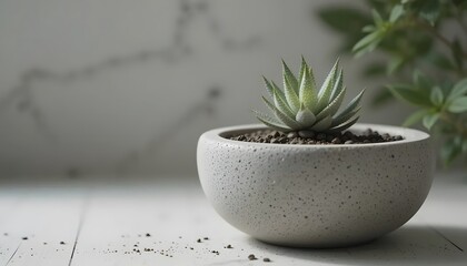 Macro image of a modern concrete planter with a small succulent, white background, clean aesthetic