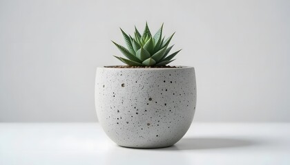 Macro image of a modern concrete planter with a small succulent, white background, clean aesthetic