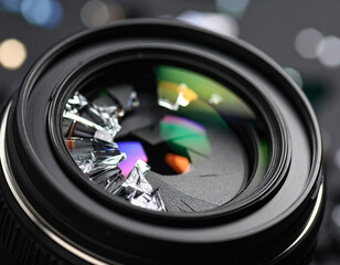 A close-up of a broken camera lens, its glass fractured, showing shattered focus and unexpected photographic damage.