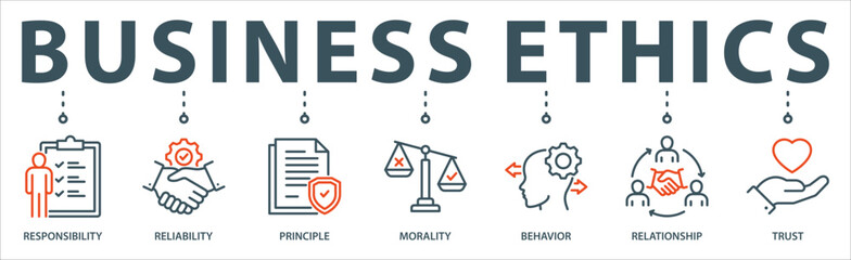 Business ethics banner web icon vector illustration concept with an icon of responsibility, reliability, principle, morality, behavior, relationship, and trust.