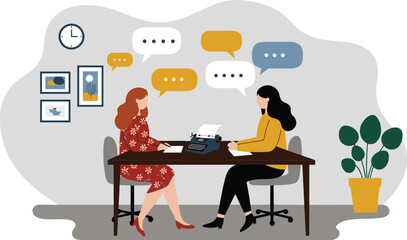 Two Women Collaborating at a Desk with Speech Bubbles, Typewriter, and Office Decor flat vector illustration
