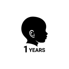 Silhouette of a baby head in profile with ear detail and text indicating one year of age below it
