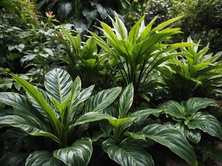 Fototapeta premium Close-up of lush green plants in a botanical garden