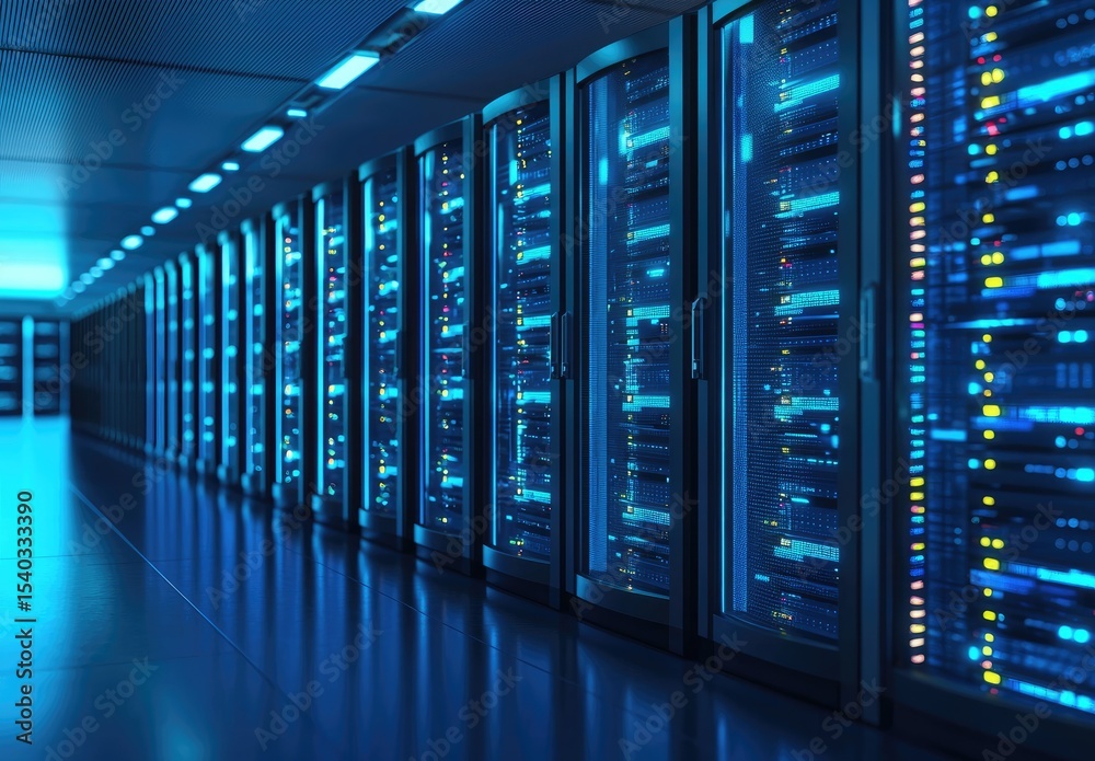 Poster Advanced server room with glowing blue racks and network indicators in a high-tech data center. Ideal for cybersecurity, IT infrastructure, networking, or cloud computing visuals