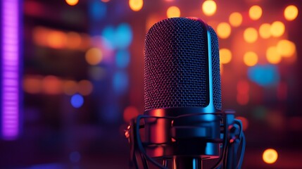 Professional Studio Microphone Closeup with Bokeh Lights Background for Podcast Recording and Vocals