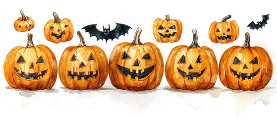 Watercolor painting of jack-o'-lanterns and bats, ideal for Halloween decorations or cards
