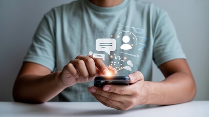 Person using a smartphone with interactive communication icons overlay.
