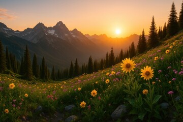Breathtaking Mountain Landscape with Wildflowers and Sunset Glow