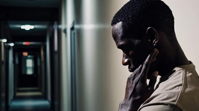Contemplation in the Corridor: A man is immersed in thought, leaning against a wall within the confines of a long hallway, his expression portraying introspection and deep consideration.