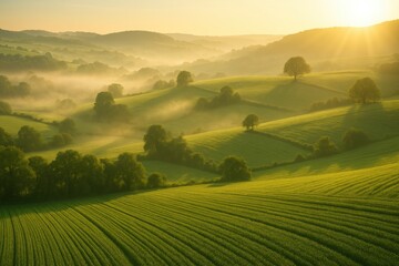 Idyllic Sunrise Over Misty Rolling Hills and Lush Green Fields in Countryside Landscape