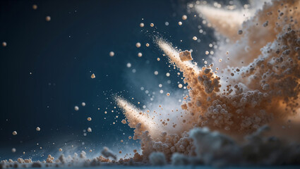 Exploding powder creating a dynamic cloud of particles on dark blue background