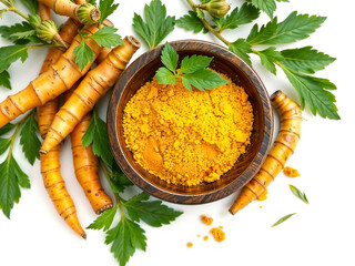 Fresh turmeric roots and ground turmeric in wooden bowl with green herbs, suitable for food, health, or spice content. Generative AI