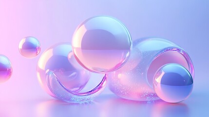 Abstract composition of transparent spheres with purple and pink gradient on a soft background