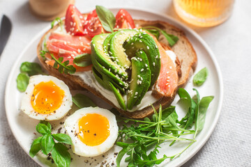  Sandwich with salmon, avocado, tomatoes and egg in a white plate on the table close-up. Healthy breakfast