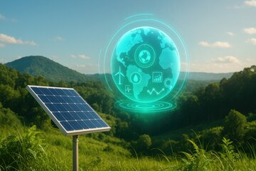 Solar Panel in Lush Landscape with Futuristic Global Energy Concept Hologram