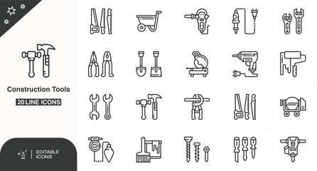 Construction Tools Line Icon Set, Hand Tools Outline Icon Pack, Workshop and Building Tools Icons, Repair, Hardware, and Power Tool Icons, Editable Vector Icons – Construction Equipment
