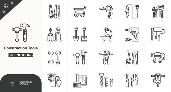 Construction Tools Line Icon Set, Hand Tools Outline Icon Pack, Workshop and Building Tools Icons, Repair, Hardware, and Power Tool Icons, Editable Vector Icons &ndash; Construction Equipment