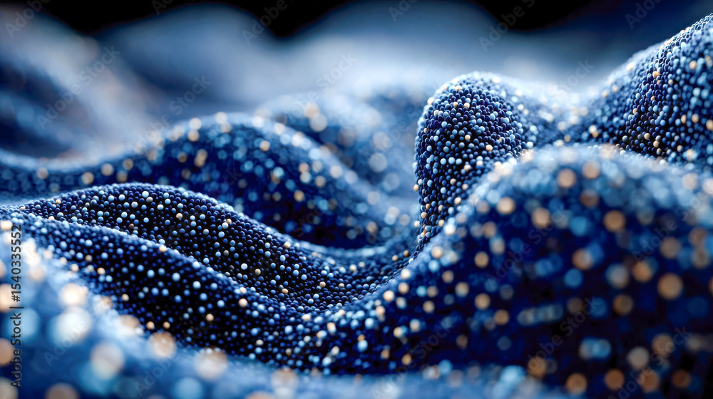 Poster close-up of abstract textured surface covered in small reflective spheres, creating a flowing wave p