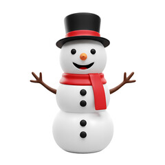 Cheerful Snowman in Top Hat and Scarf A 3D Rendered Winter Icon isolated on transparent bacckground