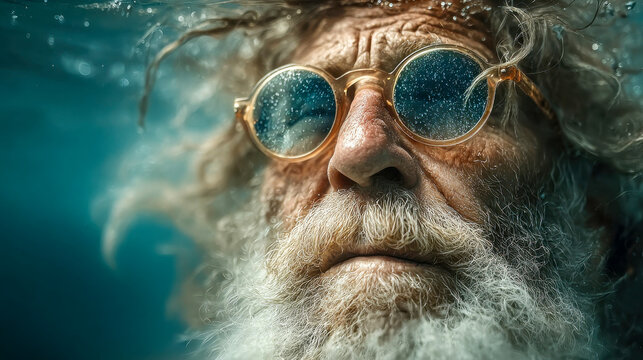 Extreme close-up of an elderly man with goggles swimming underwater, intense focus in his eyes