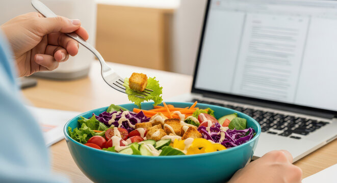A person eating a healthy and nutritious salad from a bowl while working on a laptop at a desk a concept of a modern office lunch wellness and a balanced diet lifestyle with fresh vegetables - Powered by Adobe