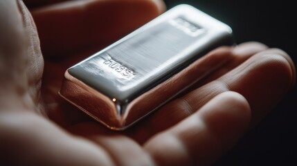A person holding a silver bar in their open hand