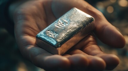 A person is holding a silver bar in their hand