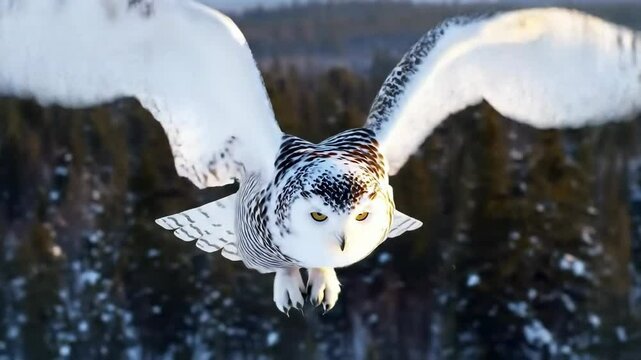 Snowy owl in flight over winter forest