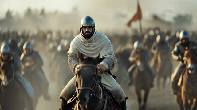 Arab islamic muslim soldier warrior riding horse fighting in medieval holy war crusade battle