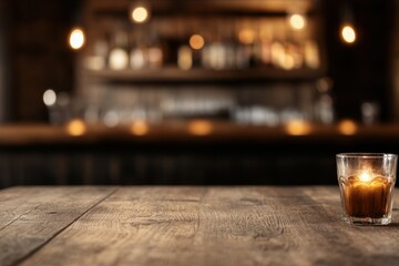 A candle is lit on a wooden table in a bar