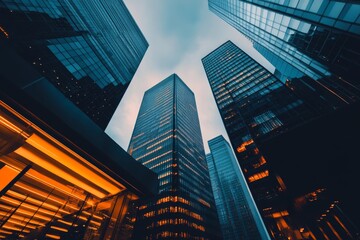 Modern skyscrapers rise against a cloudy sky, showcasing sleek glass facades and urban architecture in a dynamic city environment.