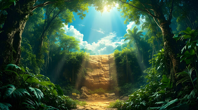 Panoramic view to tropical backdrop surrounded by jungle trees with light spot. AI-generated