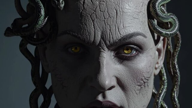 Medusa, a monstrous figure from Greek mythology, glares intensely with golden eyes, her hair composed of venomous snakes, conveying danger and a terrifying presence