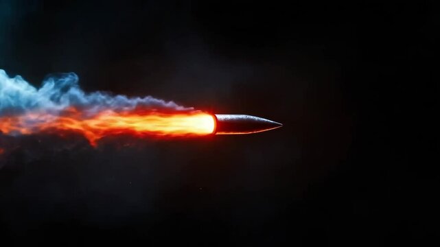 High-speed bullet flying through dark space with blazing fire and smoke trail, showcasing intense energy, motion and dramatic impact